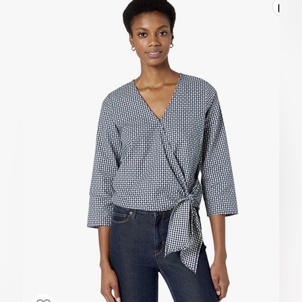 Madewell Textured Cotton Wrap Top Blue White Gingham - Size XXL